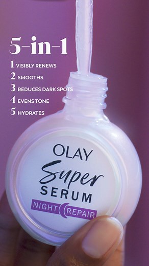 Olay's Super Serum Night Repair offers the power of 5 serums in 1 to restore skin as you sleep. Couple it with the NEW Olay Cleansing Melts and Olay Retinol Moisturizer for the perfect nighttime routine!🌙 | Olay