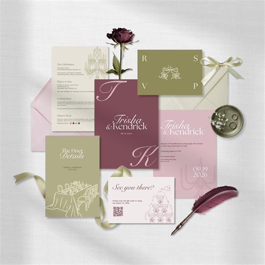 Olive & Plum Wedding Invitation Suite • Canva Template • Green and Purple, Modern, Minimalist Design - Etsy