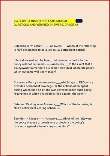 214 Florida Insurance Exam Actual Questions And Verified Ans video
