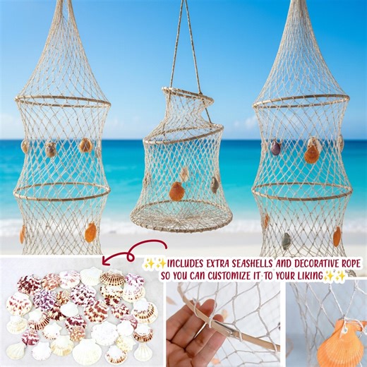 Set of 3 Coastal Hanging Fishing Net Wall Decor With Seashells - Etsy