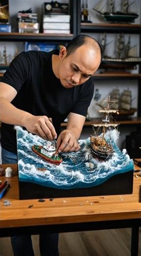 Miniature rescue boat saving sinking vessel in storm, #fyp #shorts #miniature #art #MiniaturWord