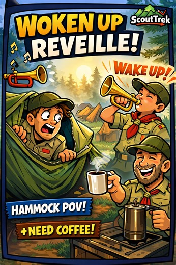 Wake up call… literally! ⏰🎺 Ever wondered what it’s really like 𝐬𝐥𝐞𝐞𝐩𝐢𝐧𝐠 𝐢𝐧 𝐚 𝐡𝐚𝐦𝐦𝐨𝐜𝐤 at Scout camp when your Troop bugler takes his job very seriously? Wonder no more. In this 𝐒𝐜𝐨𝐮𝐭𝐓𝐫𝐞𝐤 𝐚𝐝𝐯𝐞𝐧𝐭𝐮𝐫𝐞, we’re camped out on a misty summer morning where Scouts, Scoutmasters, and adult leaders are 𝐩𝐞𝐚𝐜𝐞𝐟𝐮𝐥𝐥𝐲 𝐜𝐨𝐜𝐨𝐨𝐧𝐞𝐝 𝐢𝐧 𝐭𝐞𝐧𝐭𝐬 𝐚𝐧𝐝 𝐡𝐚𝐦𝐦𝐨𝐜𝐤𝐬—until reveille cuts through the fog like a musical alarm clock you did NOT snooze. Filmed stra
