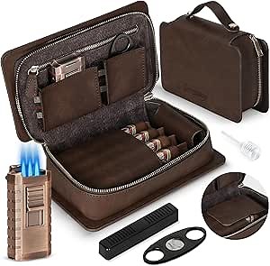 Cigar Humidor, Leather Cedar Wood Cigar Case with Cigar Lighter, Cigar Cutter, Humidifier, Portable Travel Humidor Cigar Box, Cigar Accessories for Men, Holds 4 Cigars, Brown
