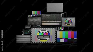 Many different types of screens. TVs, computer monitors, smartphones and tablets. They laid on each other in a pile isolated on a white background. They are all with no signal. With alpha and zoom in.