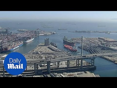 Aerial views shows backlog of container ships near LA port