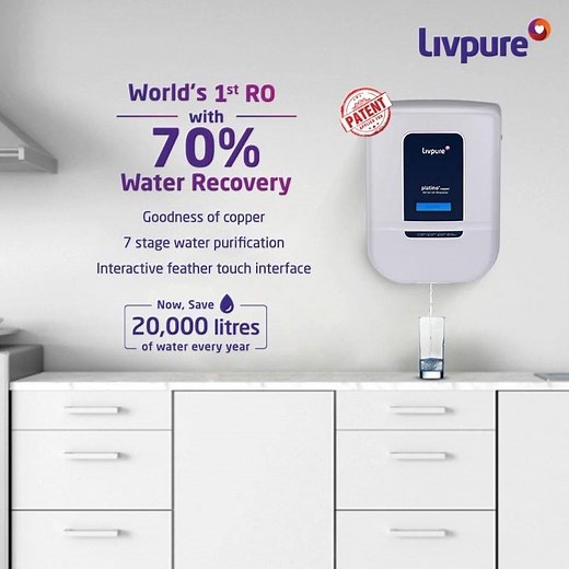 14K views · 84 reactions | Livpure Platino+ Copper houses the revolutionary HR70 technology that has the potential to save 20,000 litres of water every year. Through this technology, it recovers 70% water during the purification process along with providing the goodness of copper through its in-built Copper 29 cartridge. | Livpure | Facebook