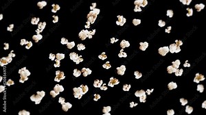 Flying many popcorns on black background. White salty popcorn. Healthy food. Corn seed. 3D loop animation of popcorn rotating.