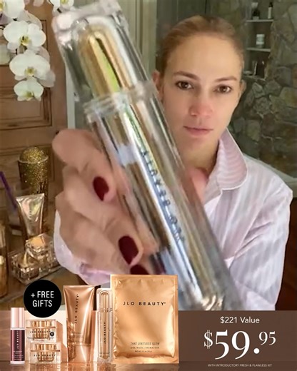 615K views · 60 reactions | This limited-edition 6-piece kit features hyaluronic acid, SPF, niacinamide, and many other powerhouse ingredients designed to give you a glow just like JLO.  For a limited time, get your introductory Fresh & Flawless Skincare kit for only $59.95 + 2 FREE GIFTS ✨ | JLo Beauty | Facebook