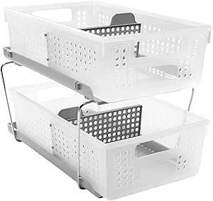 madesmart 2 Tier Bath Organizer, Undersink Storage with Sliding Drawers, for Cleaning Supplies, Pantry, Sponges, Bottles & Kitchen Essentials, Adjustable Dividers & Pull Out Sliding Baskets, Frost