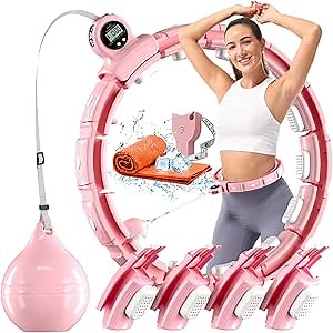 Weighted Workout Hoop for Weight Loss, Smart Silent Exercise Ring Plus Size 48 inchs, Fitness Circle with Ball and Counter, Abs Exercise Equipment for Home (Pink)