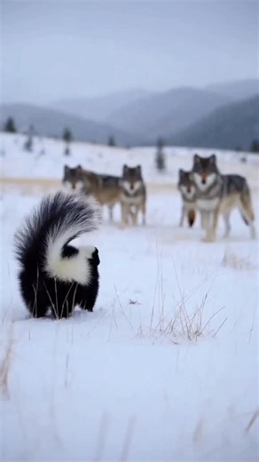 Nas Ai on Instagram: "Brave Skunk vs Wolves in Snowy Mountains 🦨❄️ Yellow Spray Sends Pack Running in Real 4K Wildlife Moment #Skunk #Wolves #Nature #wildlifephoto"
