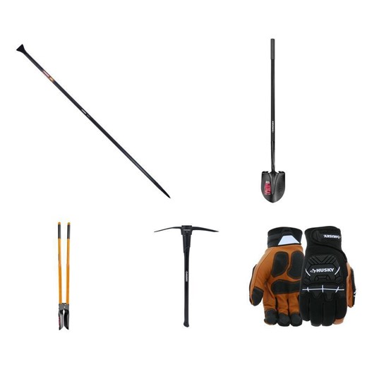 Husky 69 in. San Angelo Bar, 47 in. Digging Shovel, Post Hole Digger, 5 lb. Pick Mattock and Work Glove Combo - The Home Depot