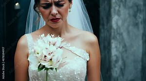 Sad, depression and bride at wedding, unhappy celebration marriage, depressed and portrait of a tired woman wearing white wedding dress 4k