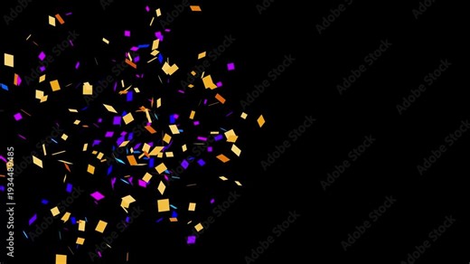 Cinematic golden confetti explosion and falling streamers on black screen background with clean alpha support, dramatic festive overlay for gala events, festival promos, and party intros in 4K