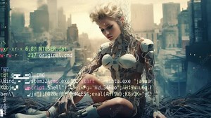 technology female robot cyborg in dystopian cityscape made with AI generative art