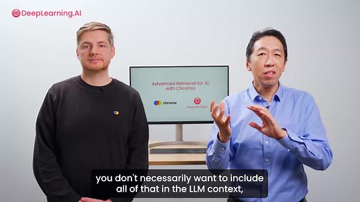 New short course on advanced retrieval for RAG (retrieval augmented generation)! RAG fetches relevant documents to give context to an LLM. In Advanced Retrieval for AI with Chroma, taught by Chroma founder Anton Troynikov, you’ll learn: (i) Query expansion using an LLM to rewrite and improve a query, by either generating either additional relevant queries or a hypothetical answer to the query. (ii) Reranking using a cross-encoder - a model trained to measure similarity between two inputs present