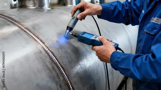 Technician performing ultrasonic pressure vessel integrity test using a handheld probe on welded seams to detect internal flaws in industrial containers.