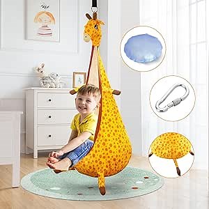 VATOS Kids Pod Swing Chair - Giraffe Pod Hammock Chair with 100% Cotton, Kids Hanging Swing Seat for Kids Adults, Indoor Outdoor Bedroom Swing Chair (Capacity 176 lbs), Yellow