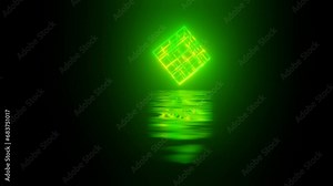 green neon box. Neon Design 4K video with various neon elements and a reflecting floor. Looped 3d render. Glowing Neon: 4K with colorful geometric shapes and a mirror effect