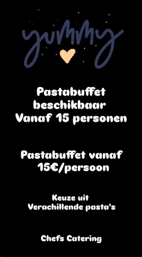 🍝 Ideaal weer voor een pastabuffet! ☀️ Geniet samen met vrienden, familie of collega’s van een heerlijke pastabeleving! Kies uit verschillende soorten pasta’s en sauzen — vers, smaakvol en voor ieder wat wils. 👉 Beschikbaar vanaf 15 personen 💶 Vanaf €15 per persoon Perfect voor feesten, verenigingen of gezellige avonden! | Chefs Catering