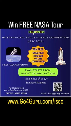 Win FREE NASA Tour Go4Guru ISSC 2026 International Space Science Competition for 6th to 12th Standard students. Registration open now. Visit: www.go4guru/issc #issc #issc2026 #go4guru #competition #nasa | Sankar Arumugam
