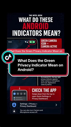 Android has its own camera and microphone privacy alerts. On Android 12 and newer, a green indicator appears when an app accesses your camera, microphone, or both. Swipe down and tap the indicator to see which app triggered it. #Android #AndroidTips #AndroidSecurity #AndroidPrivacy