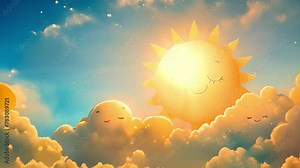 Cute animation with smiling sun and Magical fluffy clouds sparkling under a rainbow, timelapse style clouds drifting in the blue sky, background for music visualizer, kawaii aesthetic, fantasy