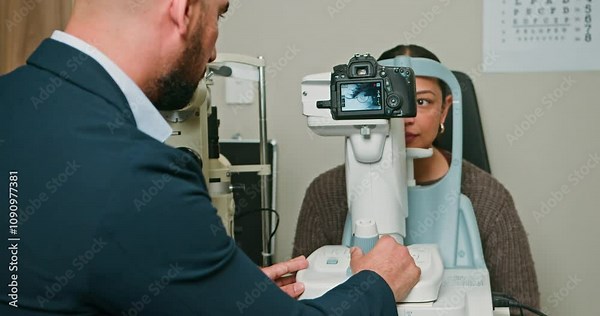 Optometrist Performing an Eye Exam on a Female Patient Using a Fundus Camera in a Modern Optometry Clinic