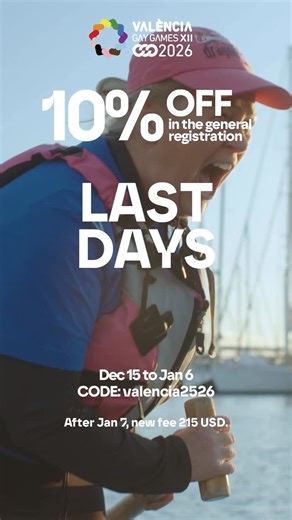 València Gay Games 2026 on Instagram: "Last days! ‼️🚨 Until January 6 (11.59pm Central European Time), get 10% off the general registration fee using the code valencia2526. Kick off the year with a gift: your spot at Gay Games XII Valencia 2026! Heads up: registration prices will increase after the promotion ends. Register now! 🙌🏽 - ¡Últimos días! ‼️🚨 Hasta el 6 de enero (23:59 h CET), consigue un 10 % de descuento en la inscripción general usando el código valencia2526. Arranca el año con u