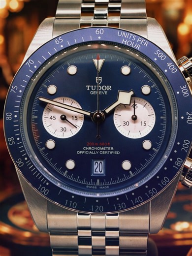 Unworn/stickered 2024 Tudor Black Bay Chrono Boutique blue on jubilee bracelet, full set, Tudor warranty to October 2029, RRP £5,350, live now on www.wetherbywatches.co.uk at £4,199. This gorgeous Tudor Black Bay chronograph is the affordable alternative to Tudor's parent company's Rolex Daytona with its classic – this blue Boutique edition is one of the newer colourways, released by Tudor in 2024. The watch is in new/unworn condition with many of the factory stickers in situ. The watch has the 