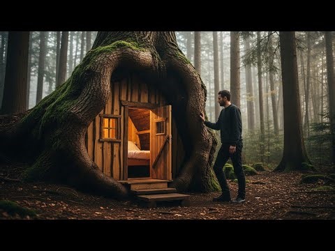 Built a Secret Forest House Inside a Tree (Full Build ASMR)