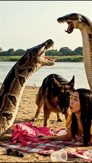 “Giant Snake Attack! Brave Dog Saves Woman at Riverbank 😱🐍🐕 | AI Wildlife Scene”