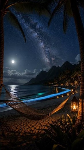 Moonlit Hawaiian Beach with Milky Way |Relaxing Night Ocean Ambience |