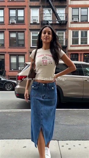 Tired of boring spring outfits? Try this denim midi skirt look today