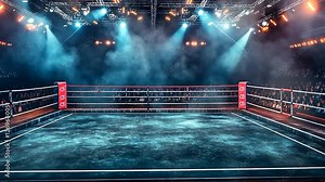 Empty boxing ring, arena lights, crowd, fight night