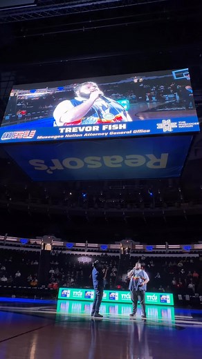 Muscogee Citizen Trever Fish sings Mvskoke hymn “Espoketis Omes Kerreskos” for ORU Athletics’ Native American Appreciation Night! 🏀 #TheMuscogeeNation #NativeAmericanHeritageMonth | The Muscogee Nation