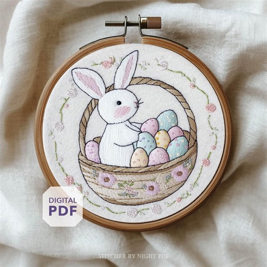 Easter Bunny Embroidery Design * Happy Easter Rabbit & Eggs in a Basket * Pdf Instant Download - Etsy