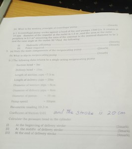 (a) State the main components of the reciprocating pump (2 mark... | Filo