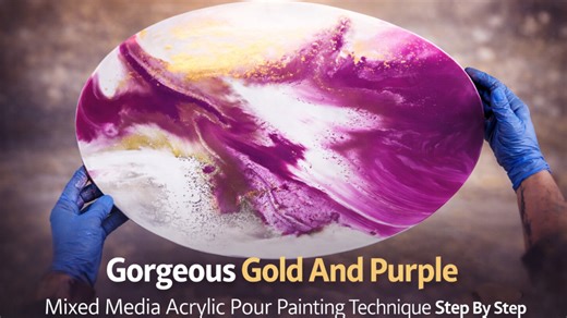 Gorgeous gold and purple mixed media acrylic pour painting technique step by step