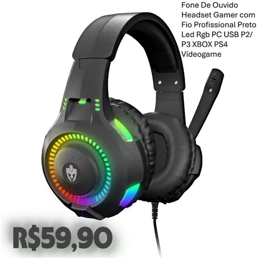 Fone De Ouvido Headset Gamer com Fio Profissional Preto Led Rgb PC USB P2/P3 XBOX PS4 Vídeogame