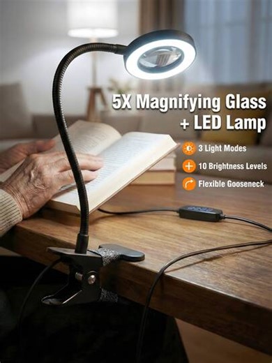 5X Desk Magnifying Glass With Light, Clip-On Clamp Magnifier Lamp, 48 LED, 3-Mode Dimmable For Reading, Crafts, DIY & Repair. | SHEIN