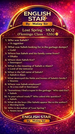 Lost Spring MCQ class 12th (Flamingo 🦩) #english #trendingshorts #class12th #lostspring #flamingo