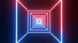 Neon Square Box Animation On Dark Black Background. Digital Neon Animation Loop Background. Abstract Rectangular Square Shape Corridor Animation With Utraviolet Neon Effects. Neon Square Box Tunnel An