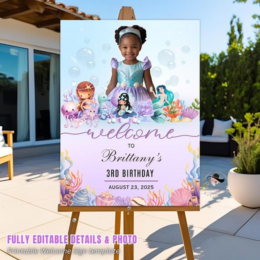Purple Mermaid Birthday Welcome Party Sign, Kids Under the Sea Poster With Photo Sign, Ocean Animals Theme Entry Sign Printable Template - Etsy