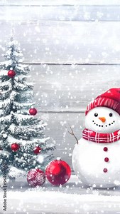 snowmen family with a hat, snowing in front of a grey wooden wall background, with red and white winter decorations. seamless looping time-lapse virtual 4k video animation background