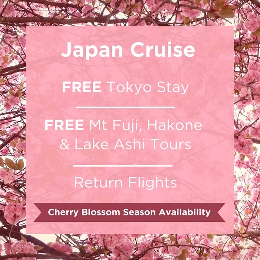 😍 Discover the neon lights and ancient traditions of Japan with this sensational Cruise & Stay holiday. 🌸 Cherry blossom season availability for 2026 & 2027! This unique Japanese cruise holiday begins with 3 nights in the Japanese capital city, Tokyo. Awash with colour, the glowing neon skyline and the ornate embroidery of the geisha’s kimono give way to the delicate pink hues of the blooming cherry blossoms that blanket the country in Spring. You will also enjoy the Mount Fuji Bullet Train ex