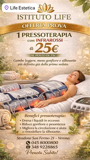 Life Estetica on Instagram: "Gambe leggere, meno gonfiore e silhouette più definita già dalla prima seduta 💫 Prova la pressoterapia con infrarossi a 25€ invece di 35€ da Istituto Life – Stradone San Fermo 21, Verona. 📞 045 8000800 – 📱 348 9228865 #pressoterapiaverona #centroesteticoverona #veronacity #veronaitaly #veronacentrostorico"