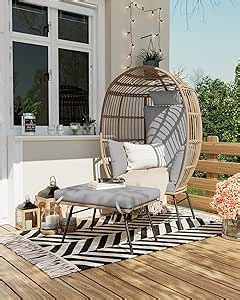 Wicker Egg Chair with Ottoman, Patio Lounge Egg Chair with Footrest, Comfy Hand-Made Rattan Chair with Thick Cusion & Metal Frame for Indoor, Outdoor, Patio and Porch, Grey