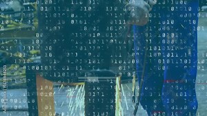 Welder striking electric arc on steel beams in workshop, generating animated heat map and weld data