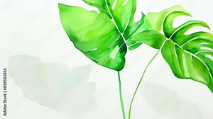 This image features a close-up view of two vibrant green Monstera leaves against a plain white background. The leaves display distinct splits and holes typical of the Monstera plant. The setting is